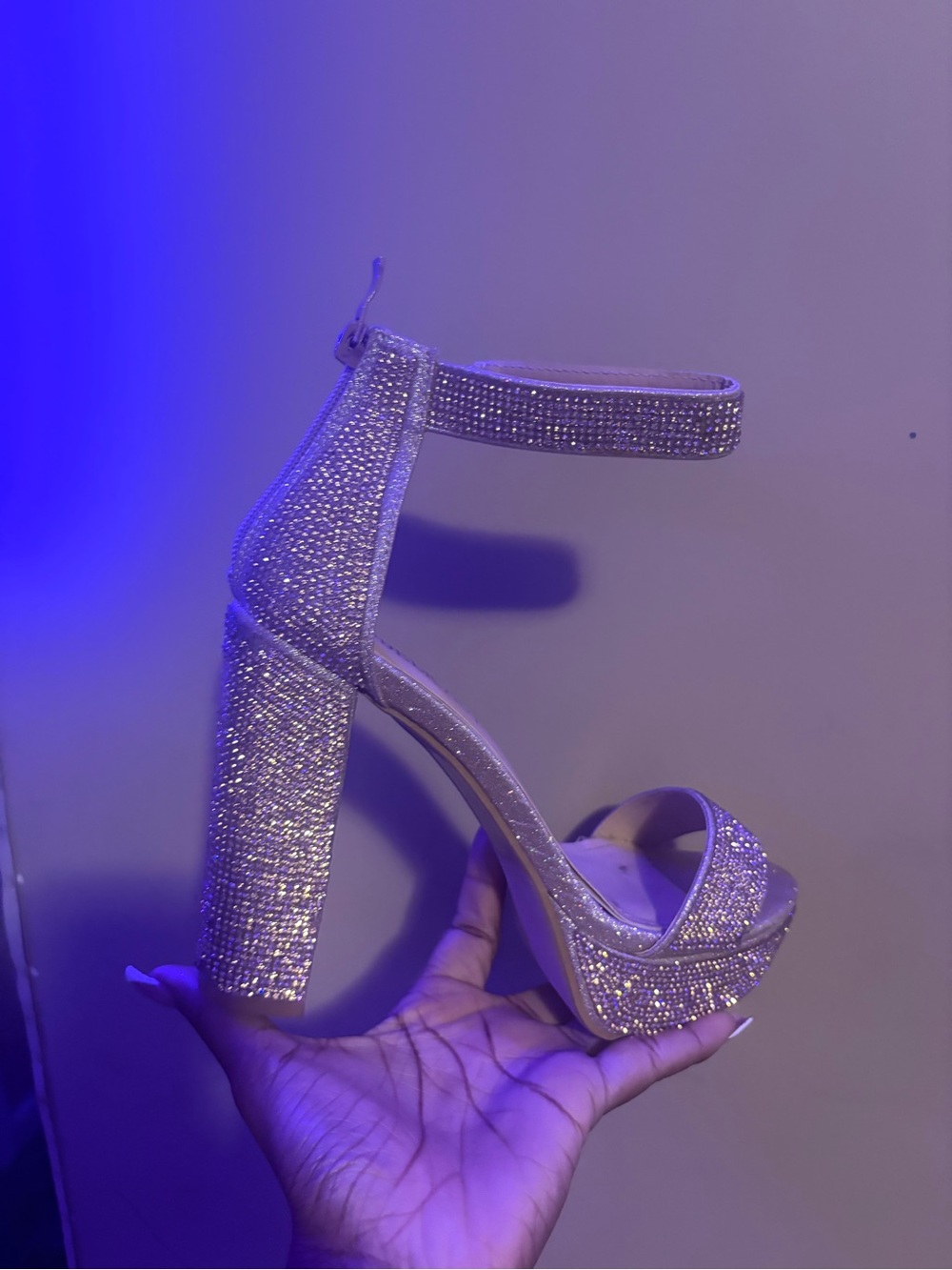 Crystal-Embellished Gold Platform Ankle-Strap Heel